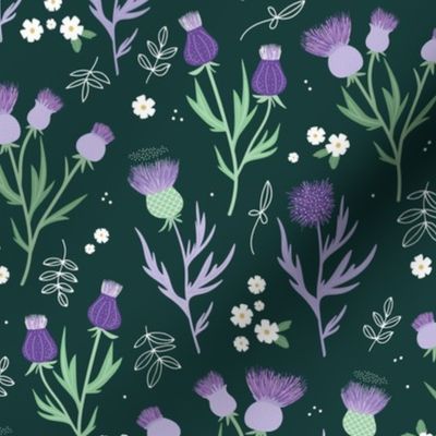Flower night thistles and daisies summer garden colorful retro style blossom lilac violet purple green on pine green 