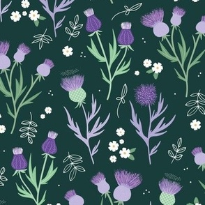 Flower night thistles and daisies summer garden colorful retro style blossom lilac violet purple green on pine green 