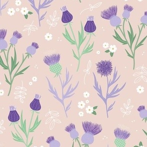Flower night thistles and daisies summer garden colorful retro style blossom lilac violet purple green on blush 