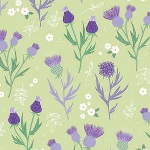 Flower night thistles and daisies summer garden colorful retro style blossom lilac violet purple green on lime green 