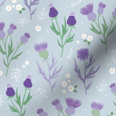 Flower night thistles and daisies summer garden colorful retro style blossom lilac violet purple green on soft blue 