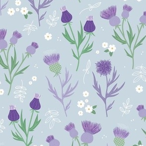 Flower night thistles and daisies summer garden colorful retro style blossom lilac violet purple green on soft blue 