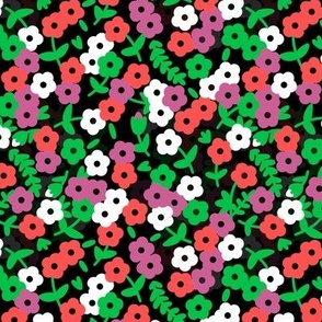 Bright Ditsy Retro Flowers Coral Pink, Grass Green, Peony Purple Spring Aesthetic Black Background Pattern
