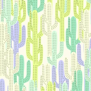 Abstract Cacti -lilac-lime green-mint green- light teal- beige base
