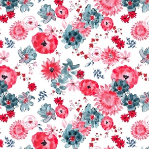 Coral and Blue Floral on White