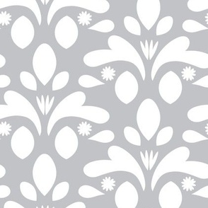 white flower design on gray background