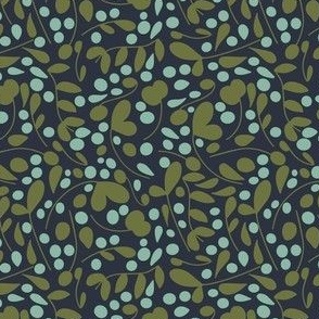 Festive Deep Green Leaves and Light Blue Berries on a Navy Blue Background