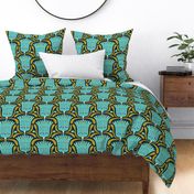 Catalina - Folklore Floral Geometric Navy Blue Aqua Golden Olive Green Large Scale