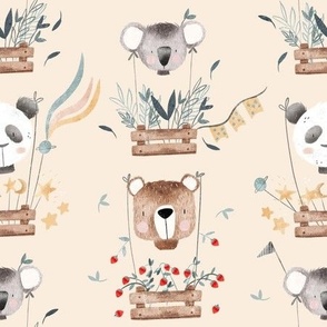 Koala, Bear and Panda Floating Heads in cream