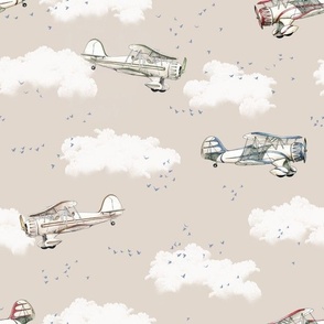 White Biplanes and Clouds on Linen