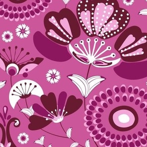 Floral folk, Burgundy flowers on a dark pink background