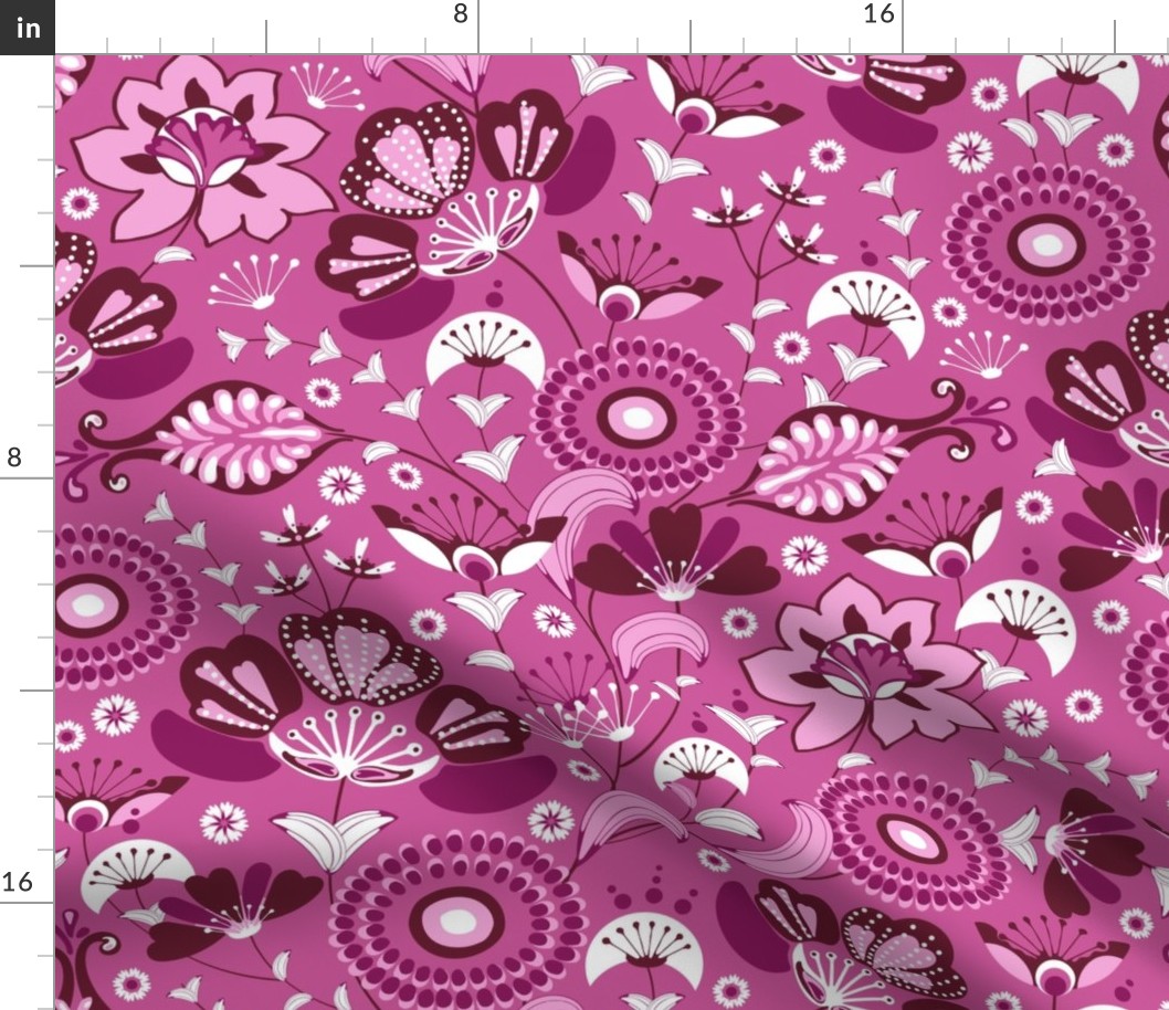 Floral folk, Burgundy flowers on a dark pink background