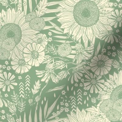 Boho Sunflowers and Mums on Blue Green Background