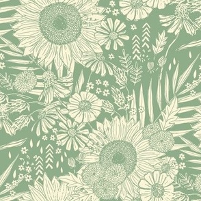 Boho Sunflowers and Mums on Blue Green Background