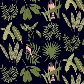 collection of jungle leaves and birds in black, green, pink, botanical garden berlin