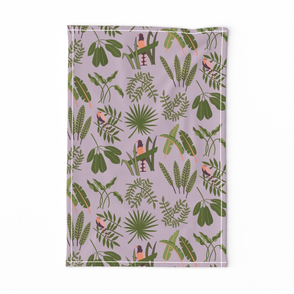 collection of jungle leaves and birds in lilac, green, pink, botanical garden berlin