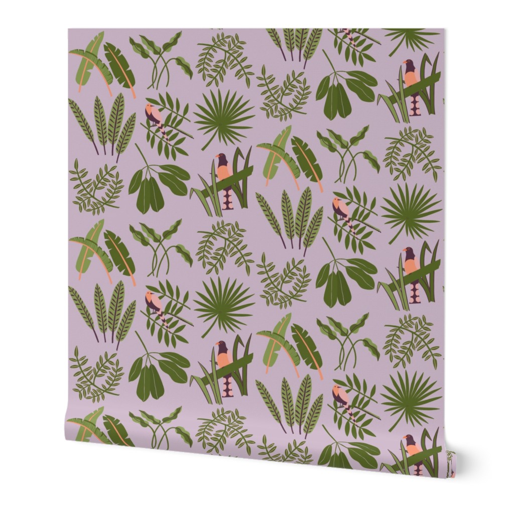 collection of jungle leaves and birds in lilac, green, pink, botanical garden berlin