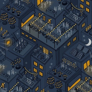 Night Cityscape Hand-drawn - Moonlit Rooftop Garden Party / navy and marigold
