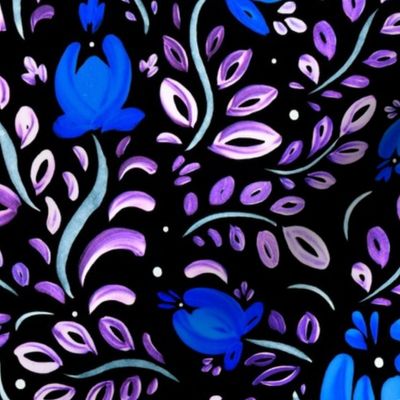 Flowering Mood - Blossom - Сhaotic Gouache Painting - Ultra Black Blue Violet Cyan Green Teal Bioluminescence - Folk Motive Ornament - Middle