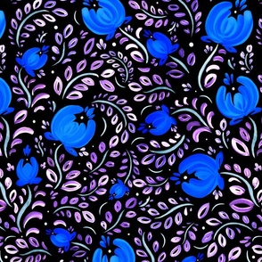 Flowering Mood - Blossom - Сhaotic Gouache Painting - Ultra Black Blue Violet Cyan Green Teal Bioluminescence - Folk Motive Ornament - Middle