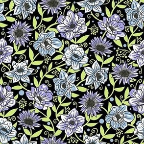 Simple Summer Flowers on Black, Purple, Blue and Green / Tiny Scale