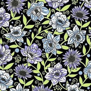 Simple Summer Flowers on Black, Purple, Blue and Green / Small Scale