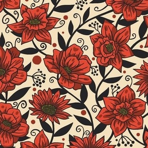 Simple Summer Flowers on Red and Gray / Medium Scale