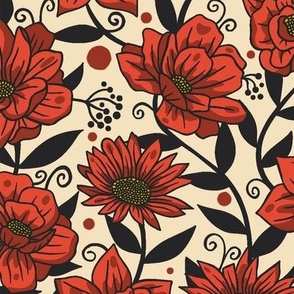 Simple Summer Flowers on Red and Gray / Large Scale