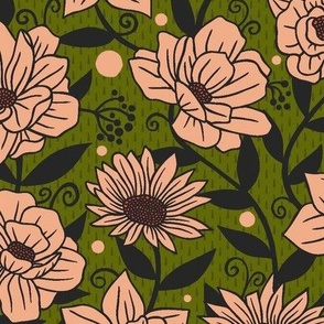 Simple Summer Flowers on Pink and Green / Large Scale