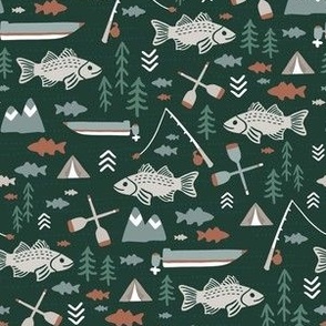 Small Day At The Lake Fishing Boating Mountains Boys Room Forest Green