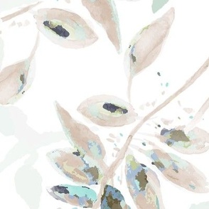 Watercolor Painted Overlapping Leaves In Soft Taupe And Light Teal On White Ground Large Scale