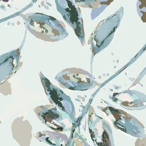 Watercolor Painted Overlapping Leaves In Taupe Teal Blue And Olive On Light Teal Large Scale