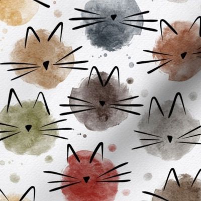 small scale cat - ellie cat earthy - watercolor drops cat - cute cat fabric and wallpaper