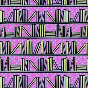 In The book shop on pastel honeydew, lilac, sky blue with hot pink wallpaper