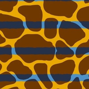 Light Brown on Yellow Giraffe Animal Skin with Horizontal Bright Blue Stripe Overlay Non Directional