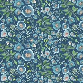 Clusters Of Tossed Flowers And Leaves In Blue Teal And Green On Dark Blue Small Scale