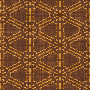 Batik Block Print Ethnic Floral Hexagon Lattice in Cinnamon Brown and Desert Sun (Large Scale)