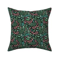 Small Modern Paisley, Pink and Green on Black by Brittanylane