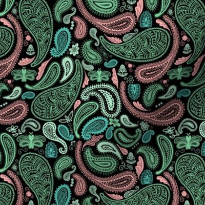 Small Modern Paisley, Pink and Green on Black by Brittanylane