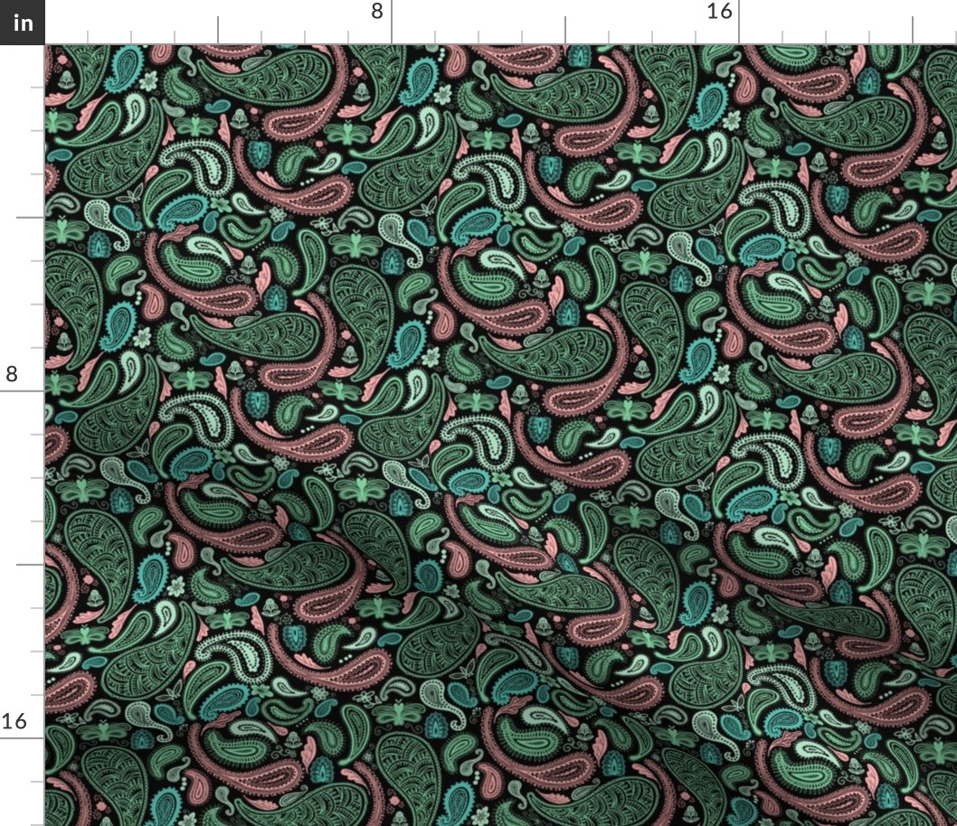 Small Modern Paisley, Pink and Green on Black by Brittanylane