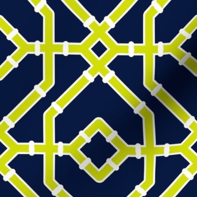 Preppy spring bamboo trellis - midnight blue and chartreuse - chinoiserie - medium