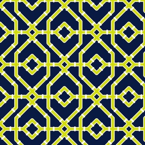 Preppy spring bamboo trellis - midnight blue and chartreuse - chinoiserie - medium