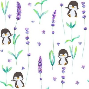 Nap time sleep penguins on lavender flowers