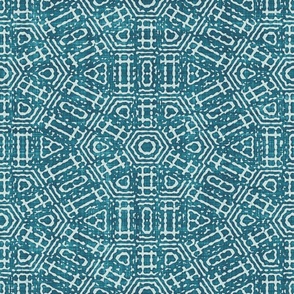 Aztec Geometric Honeycomb Batik Block Print in Teal Lagoon and Sea Glass (Large Scale)