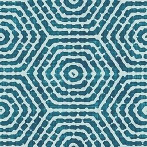 Retro Concentric Striped Hexagons Batik Block Print in Teal Lagoon and Sea Glass (Large Scale)