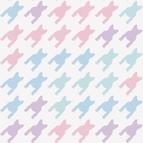 Pastel frenchie houndstooth, dogstooth seamless pattern, pink violet pale blue print. Modern elegant french bulldog texture.