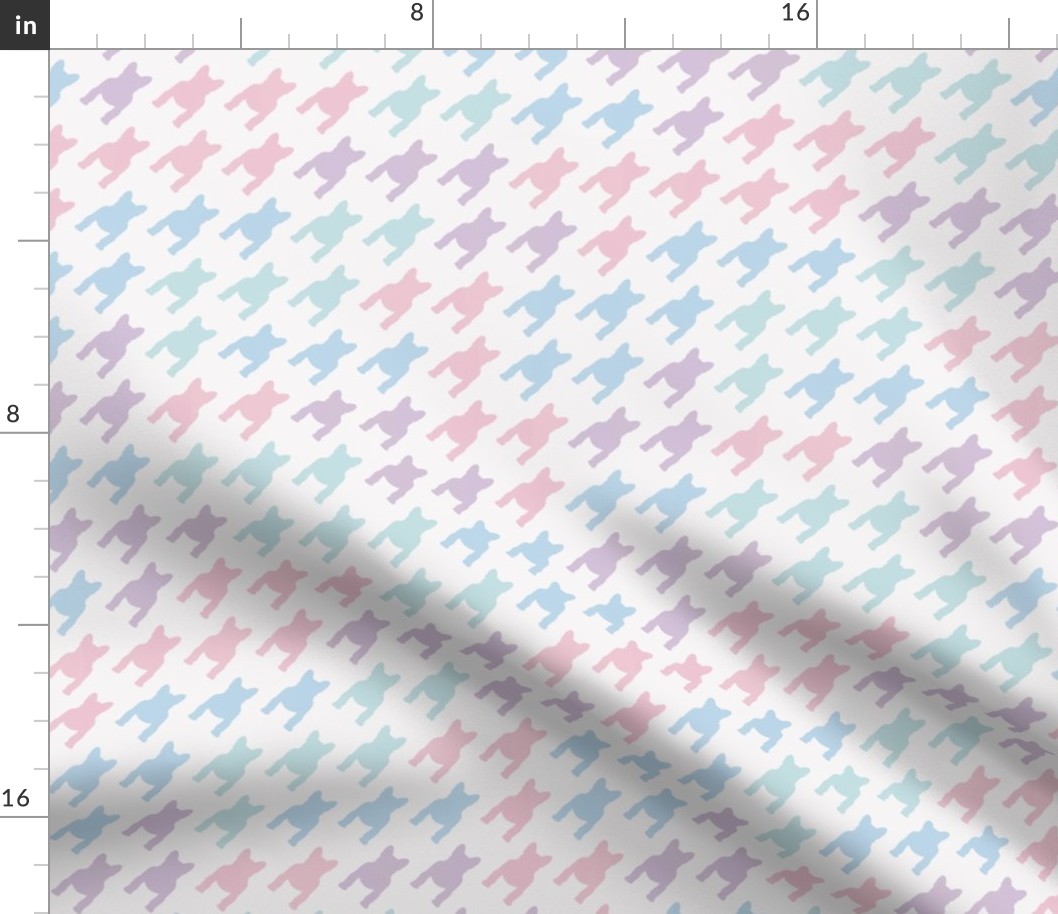 Pastel frenchie houndstooth, dogstooth seamless pattern, pink violet pale blue print. Modern elegant french bulldog texture.