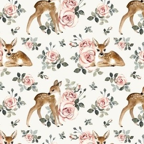 Small Scale / Little Deer With Vintage Roses / Off-White Background 