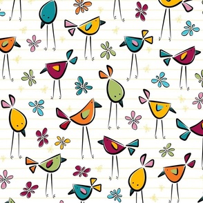 funny birds garden party - bohemian colors - birds fabric and wallpaper