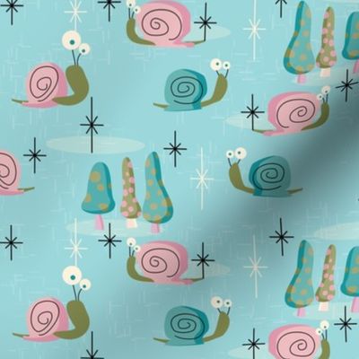 MidCentury Modern Snails-- Midcentury Atomic Snail over Aqua Background-- Pink Aqua Snails -- 18.00in x 15.43in repeat -- 350dpi (43% of Full Scale) 